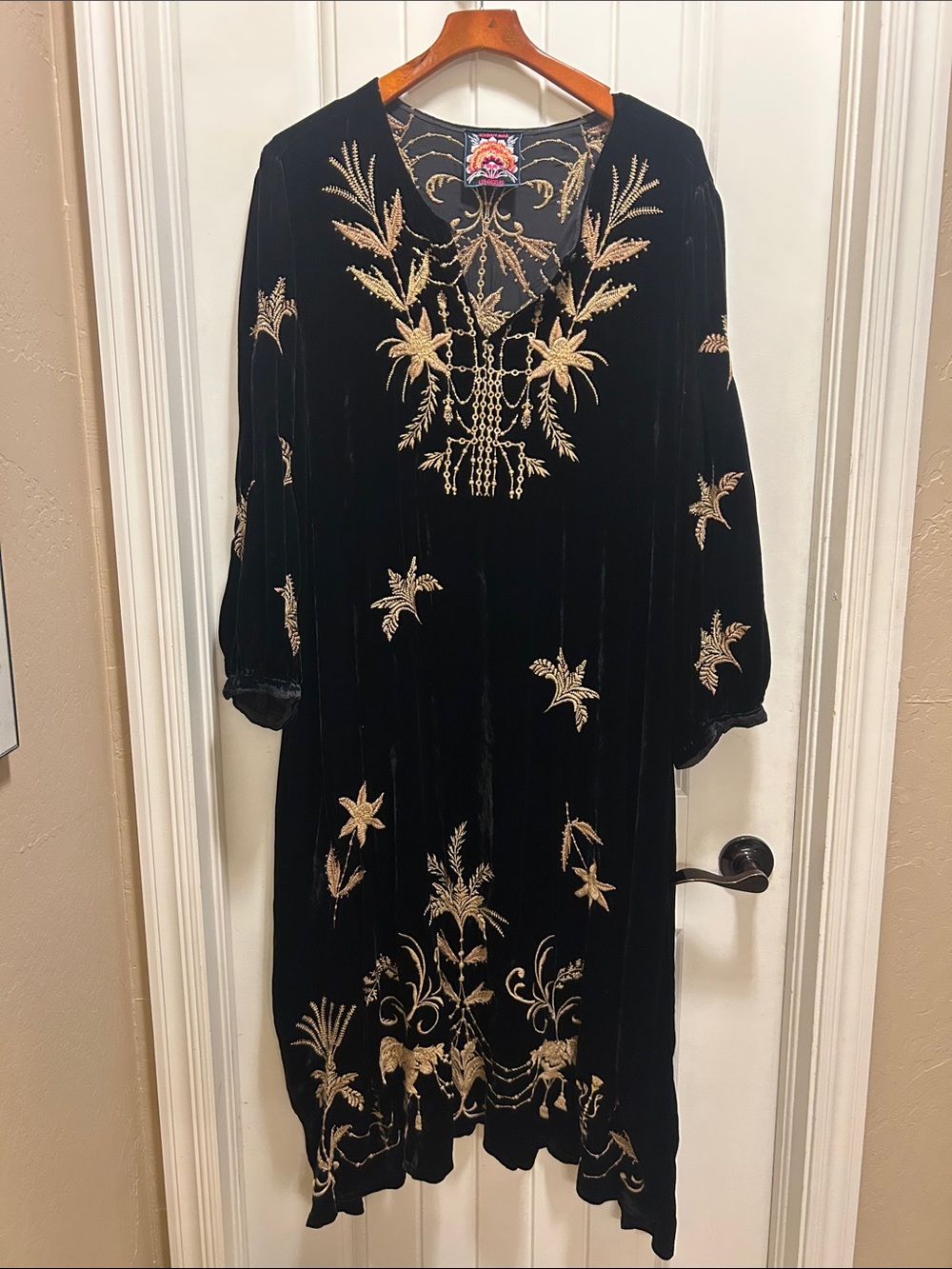 Johnny Was Black Velvet Dress with Gold Floral Embroidery